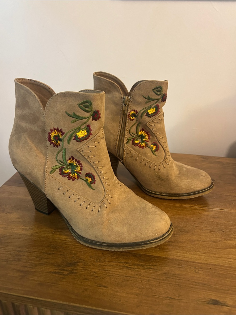 MIA Tan Suede Ankle Boots with Multicolor Floral Embroidery